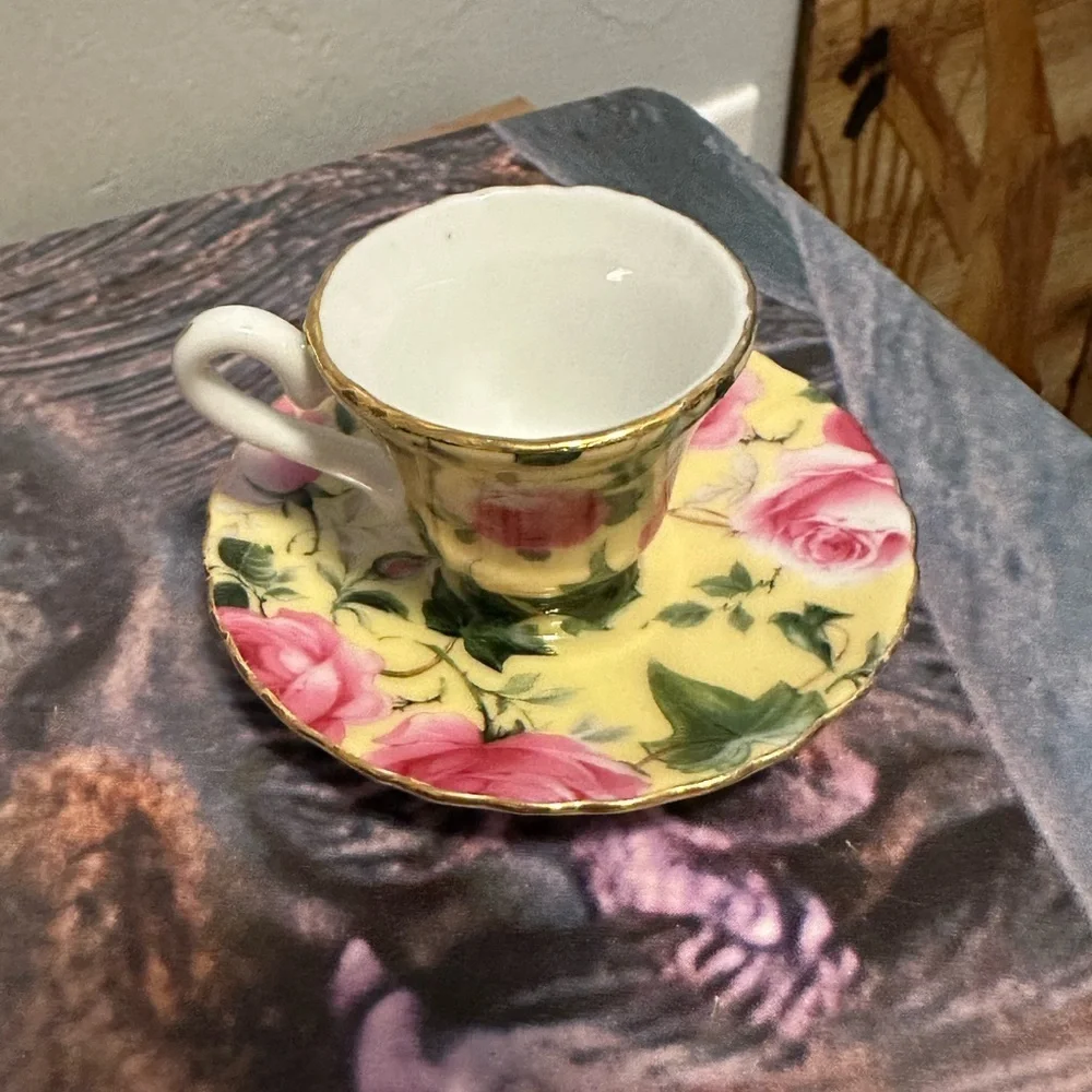 Adorable Miniature Floral Teacup and Saucer - Pink Roses